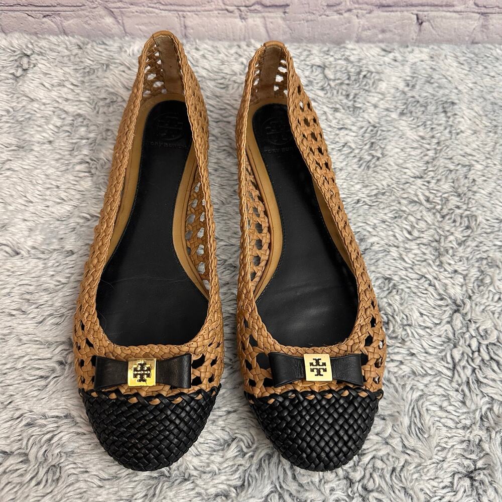 Tory Burch Woven Lether Carlyle Ballet Flats Black Cap Toe Women's 9.5 Gold Logo